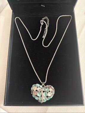 Silver Heart Pendant Necklace with Mint Green Accents